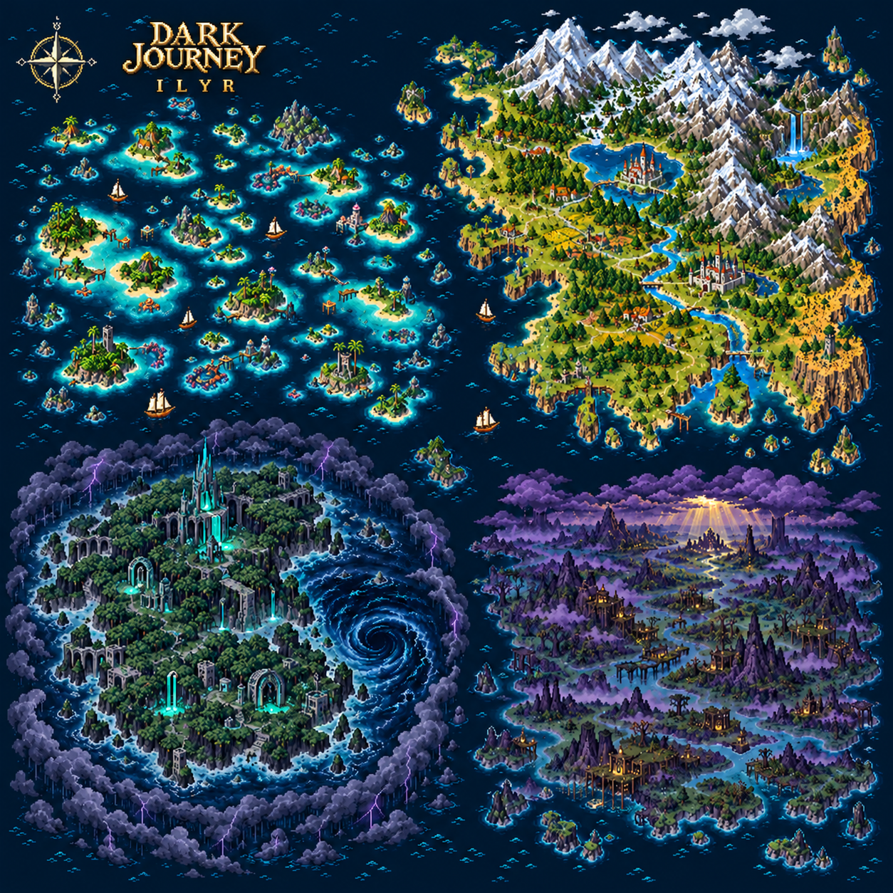 The pixel-art map of Ilyr: Aureth in the northeast, the islands of the Lantern Sea in the west, stormbound Veyr in the southwest, and the marshes of Mournfen in the southeast.