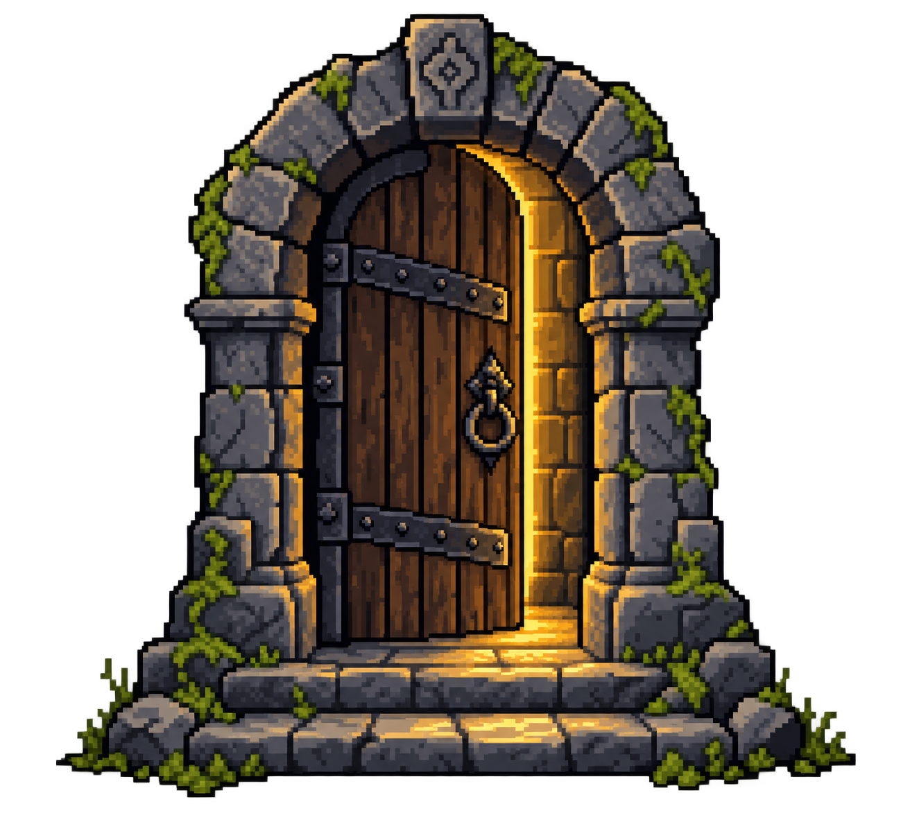 An old stone doorway, slightly open, with warm light spilling onto its steps.